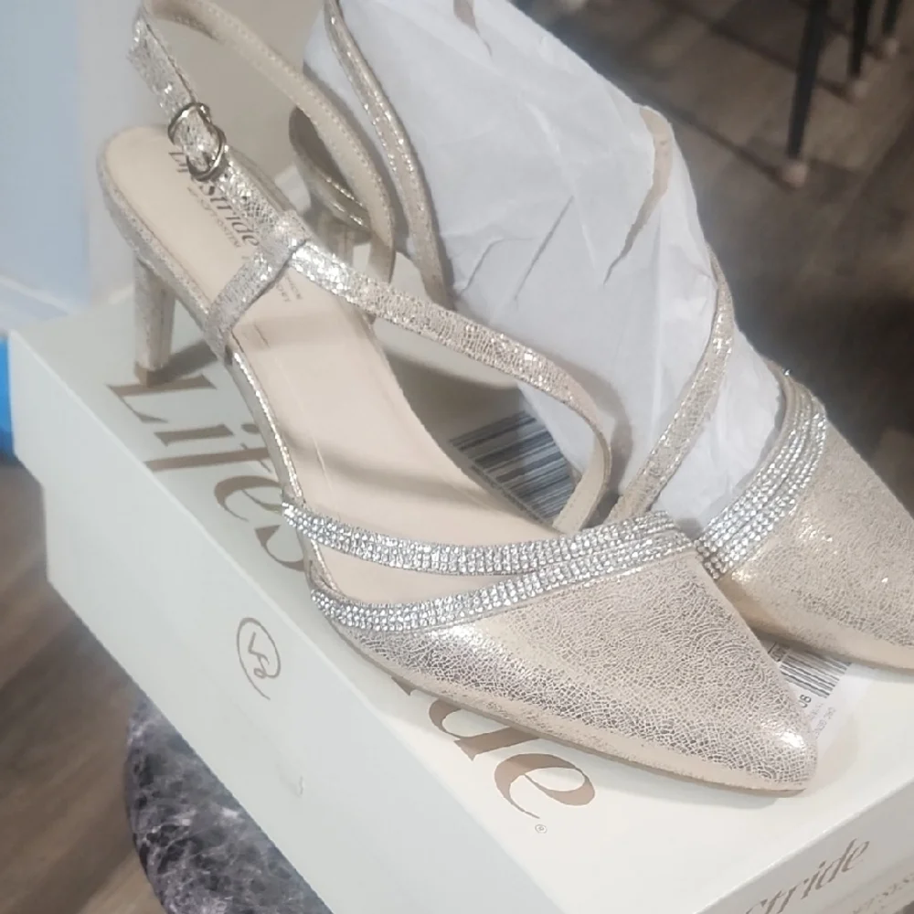 Life Stride Women's Metallic Gold Pointed Toe Flats with Rhinestone Strap